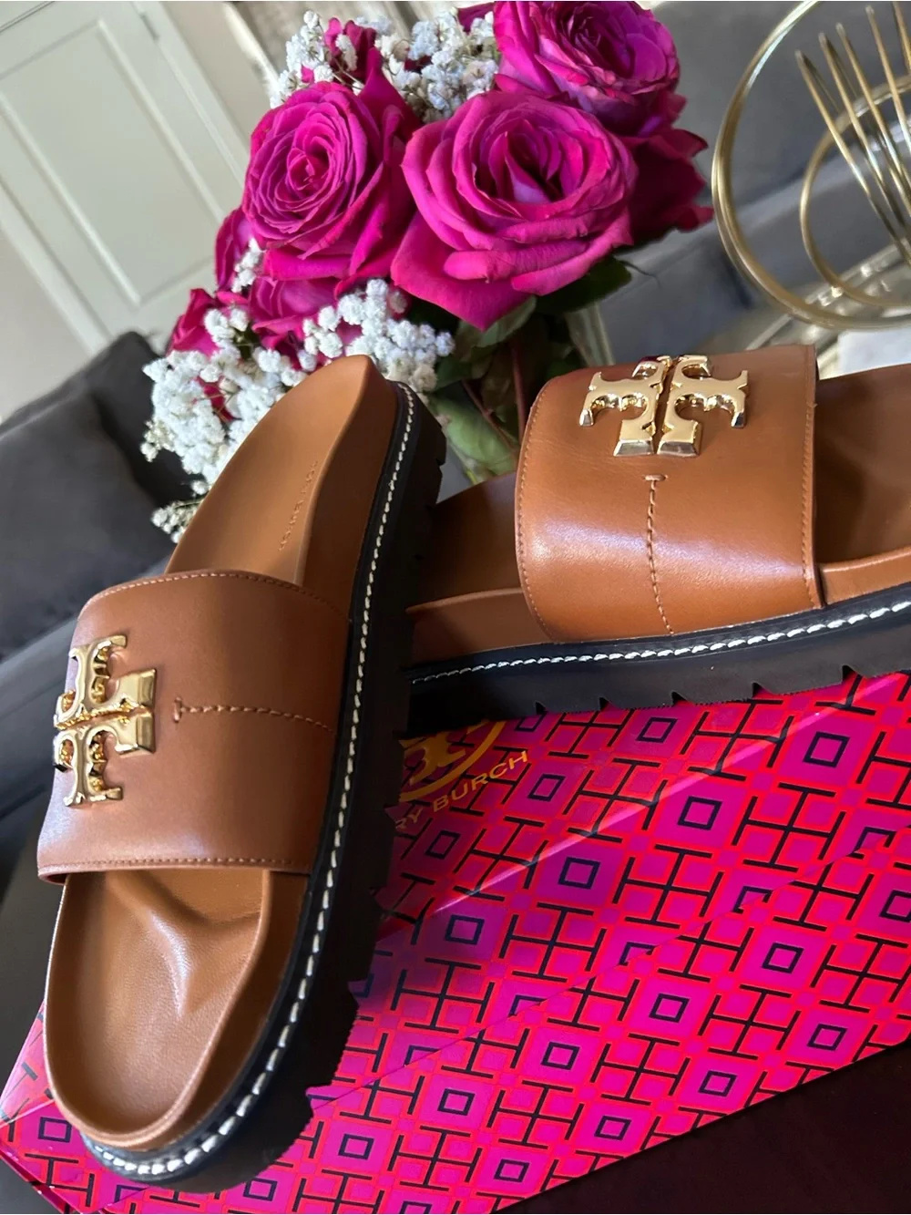 Tory Burch Tan Leather Slide Sandals with Gold Logo